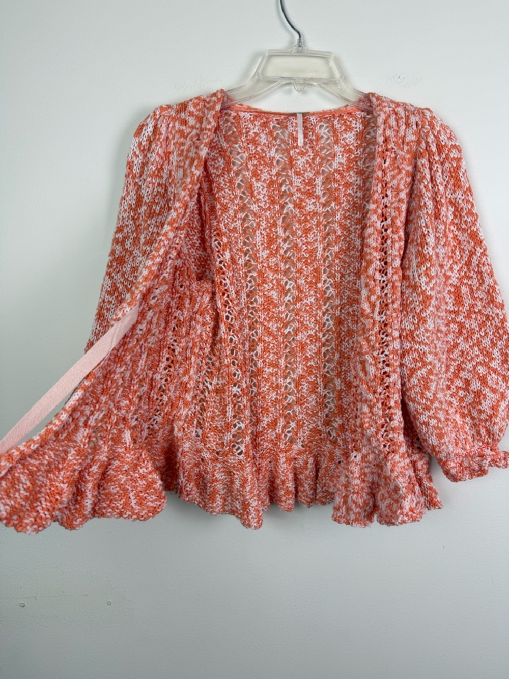 Free People Yesterday Tie Front Puff Sleeve Pointelle Cardigan Size S - Picture 7 of 13
